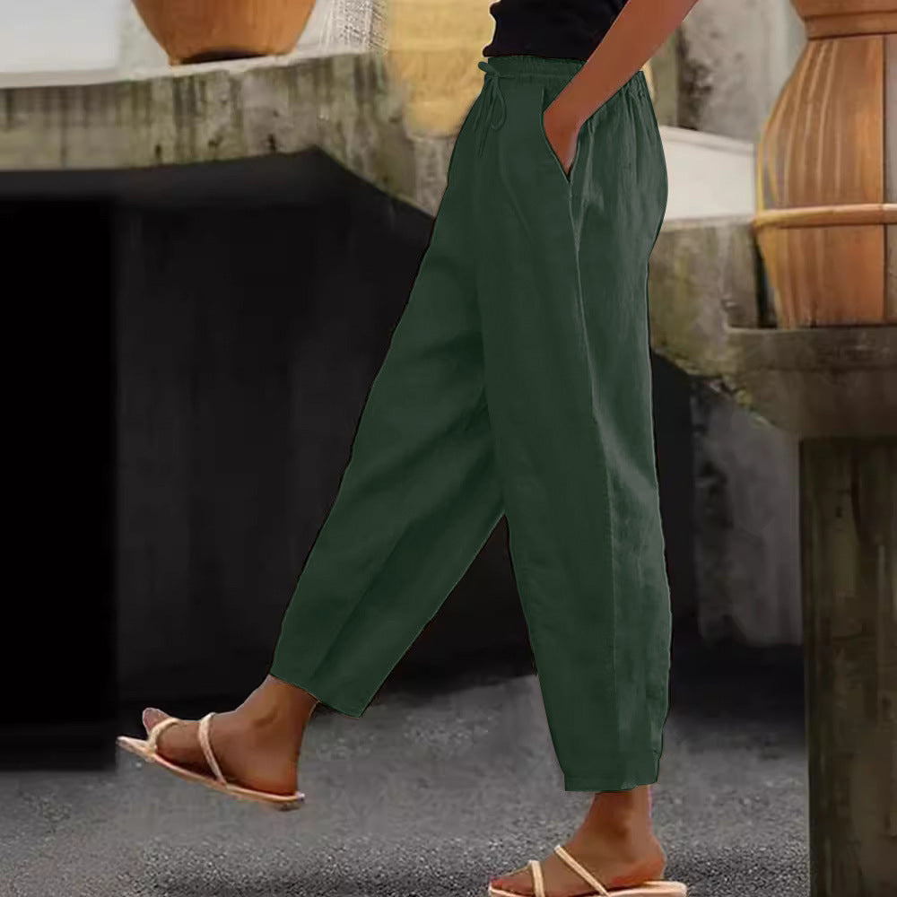 Spring And Autumn New Women's Cotton And Linen Solid Color Fashion Casual Daily Elasticated Slacks