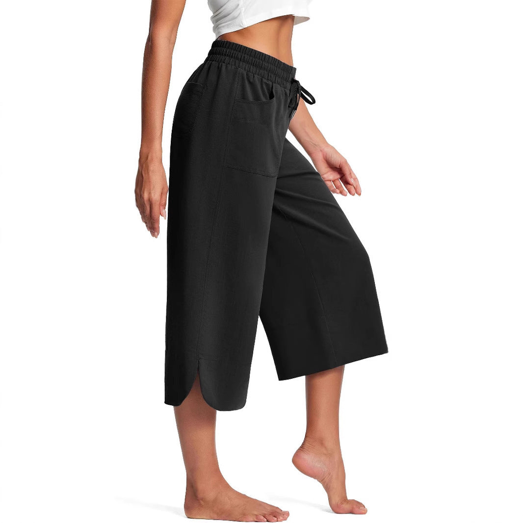 Summer Elastic Waist Solid Color Wide Leg Loose Casual Cropped Pants For Women