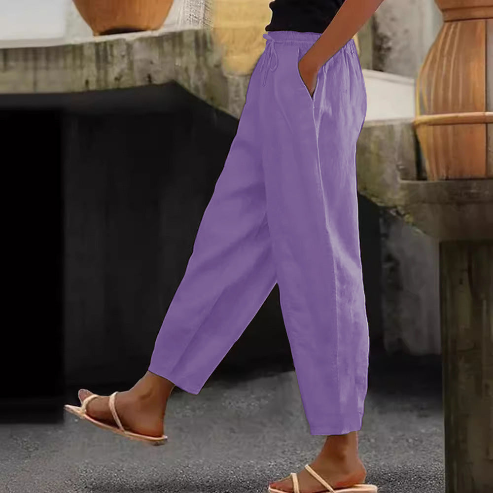 Spring And Autumn New Women's Cotton And Linen Solid Color Fashion Casual Daily Elasticated Slacks