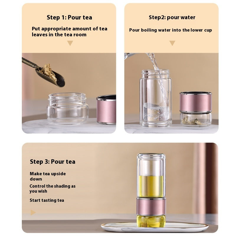 Taza de té portátil de borosilicato con aroma y separación de té de vidrio de doble capa.