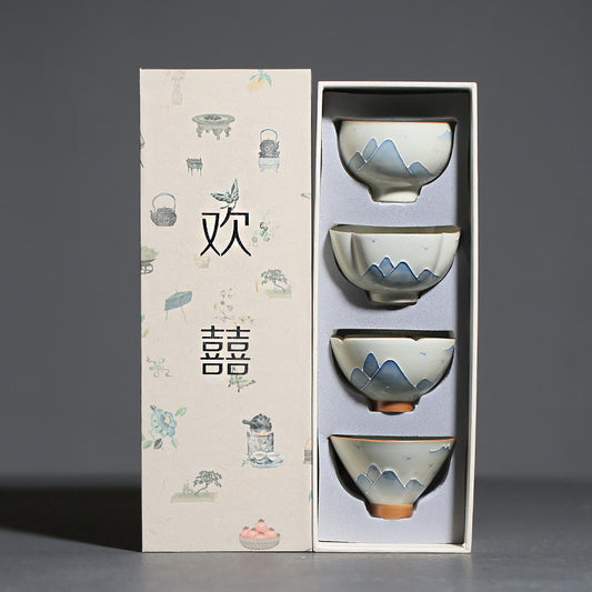 Taza de té Kung Fu de porcelana esmaltada con paisaje pintado a mano en gris hierba y madera