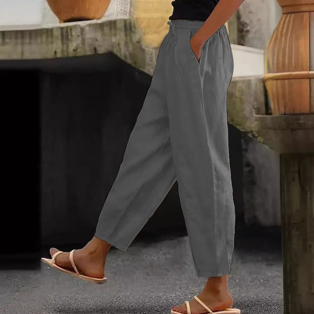 Spring And Autumn New Women's Cotton And Linen Solid Color Fashion Casual Daily Elasticated Slacks