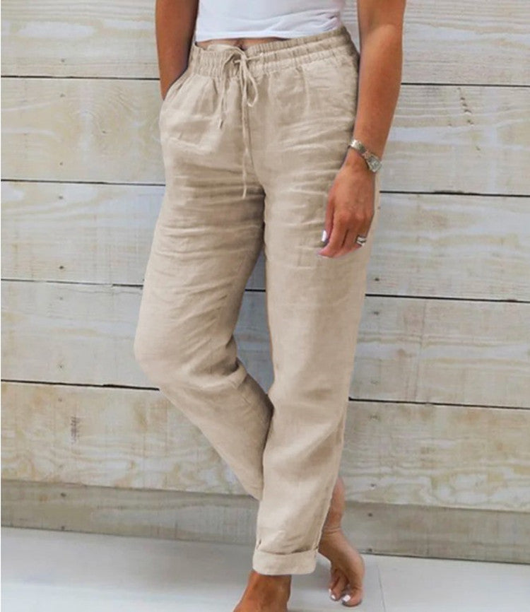 Summer Elastic Waist Solid Color Cotton Linen Wide Leg Pants Loose Pants Women's Clothing