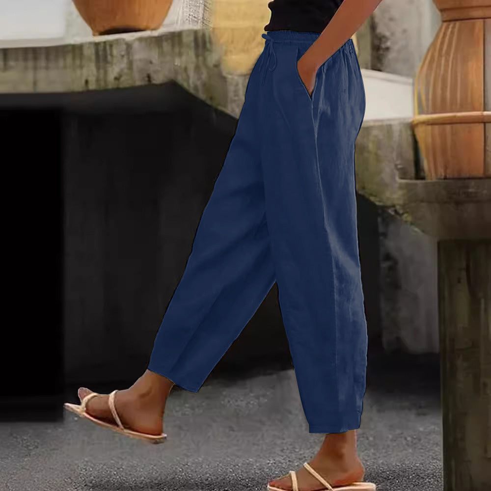 Spring And Autumn New Women's Cotton And Linen Solid Color Fashion Casual Daily Elasticated Slacks