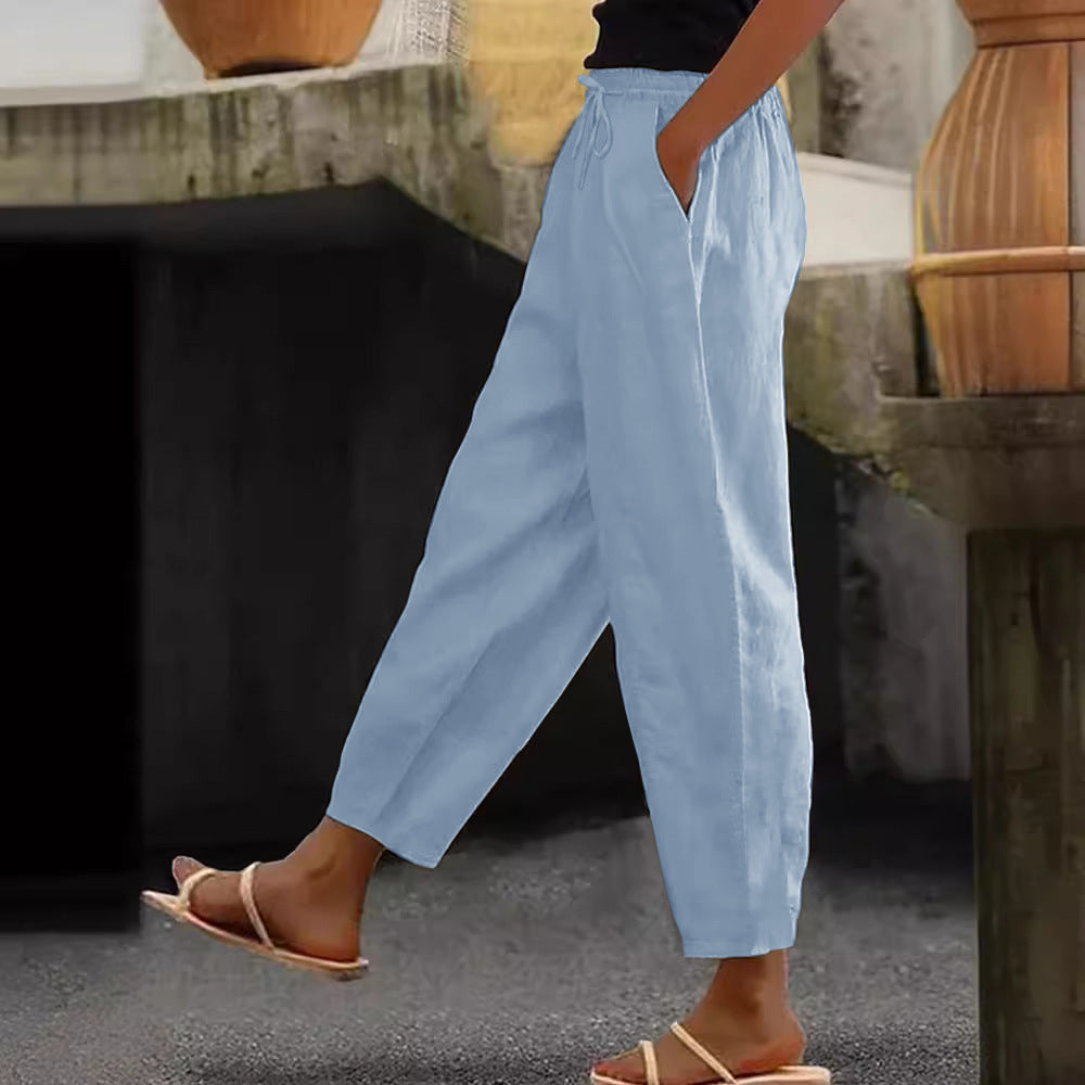 Spring And Autumn New Women's Cotton And Linen Solid Color Fashion Casual Daily Elasticated Slacks