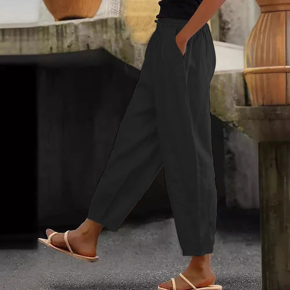 Spring And Autumn New Women's Cotton And Linen Solid Color Fashion Casual Daily Elasticated Slacks