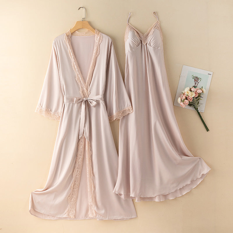 Ice Silk Thin Nightgown Two-piece Set With Chest Pad