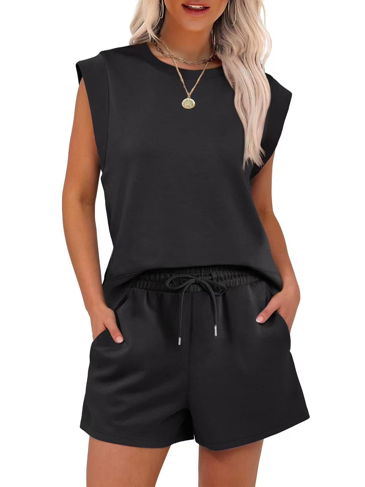 Round Neck Cover Sleeve Top With Pockets Shorts Suit