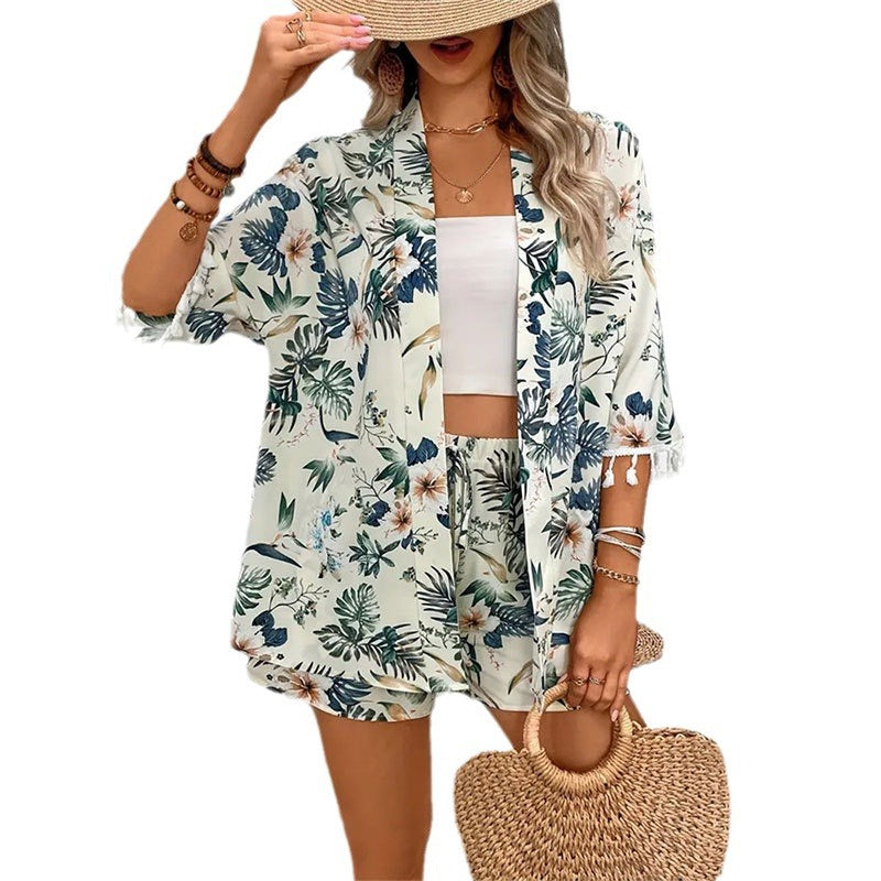 Shirt Beach Pants Printed Tassel Two-piece Set