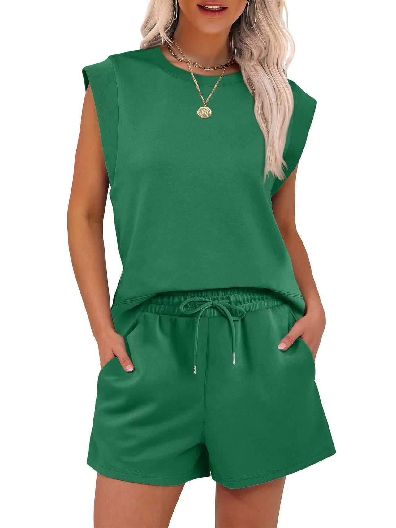 Round Neck Cover Sleeve Top With Pockets Shorts Suit