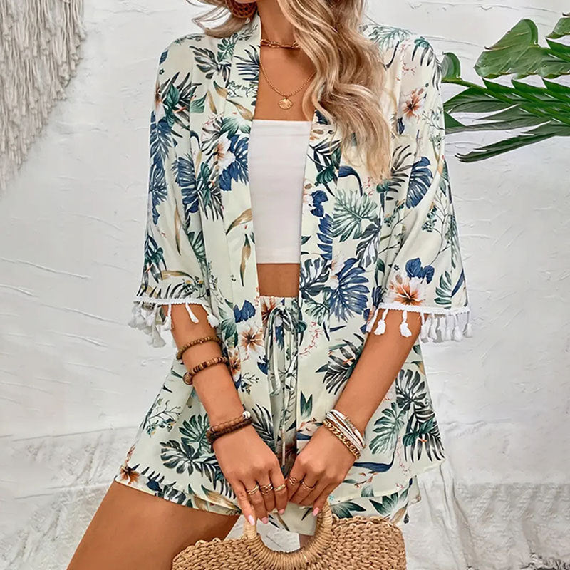 Shirt Beach Pants Printed Tassel Two-piece Set