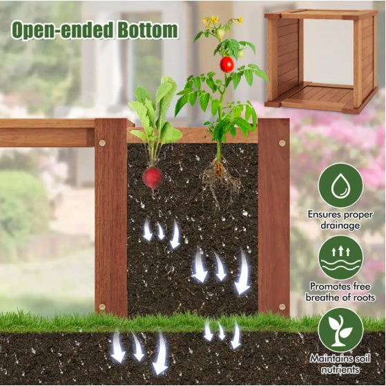 Teak Oil Finish Raised Garden Bed Wood Planter Box With Bench