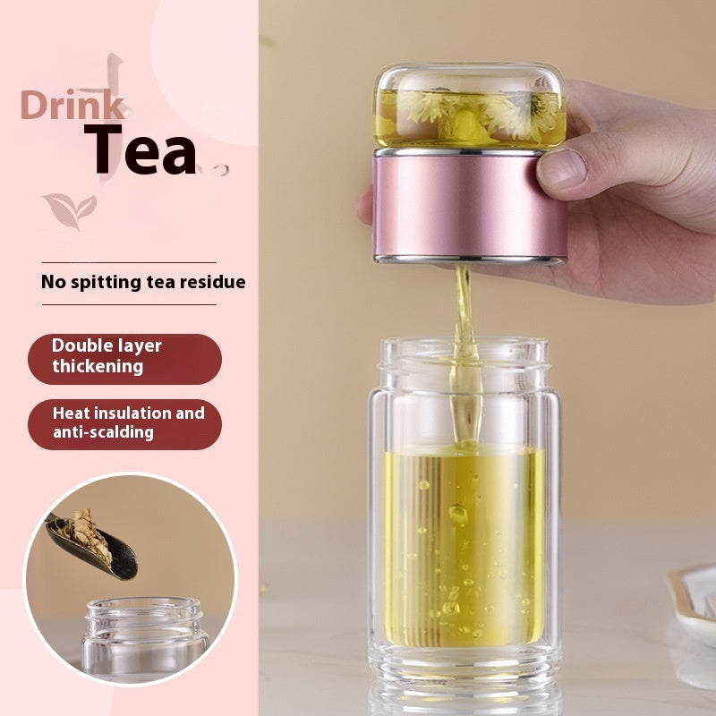 Taza de té portátil de borosilicato con aroma y separación de té de vidrio de doble capa.