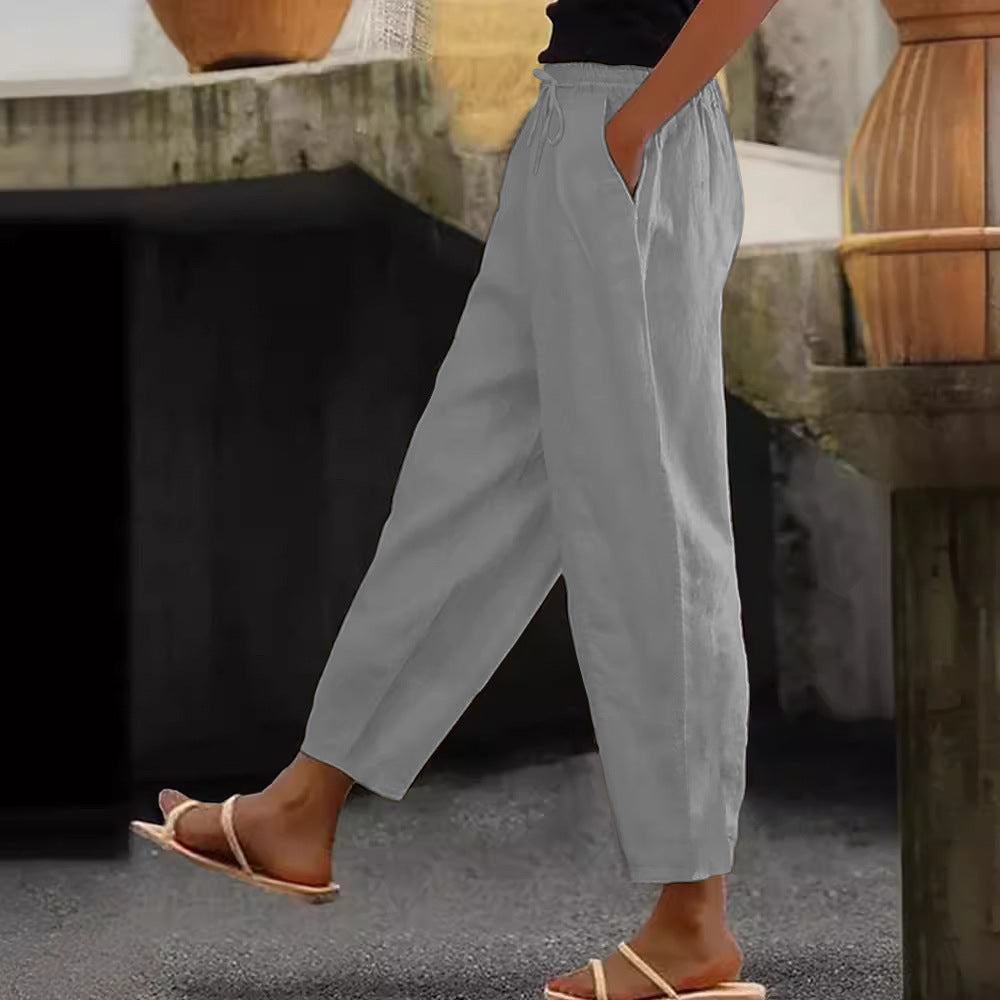 Spring And Autumn New Women's Cotton And Linen Solid Color Fashion Casual Daily Elasticated Slacks