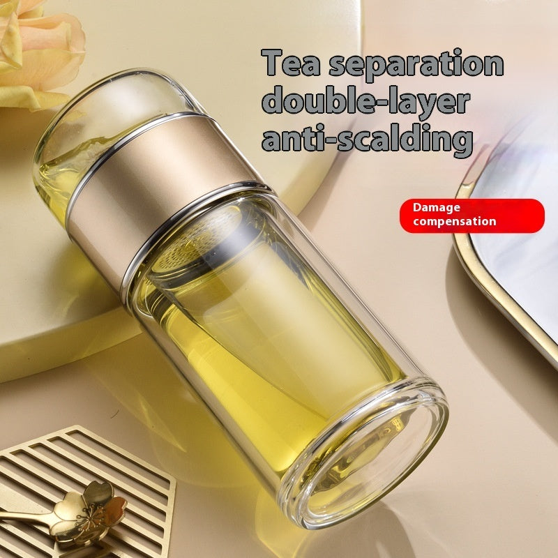 Taza de té portátil de borosilicato con aroma y separación de té de vidrio de doble capa.