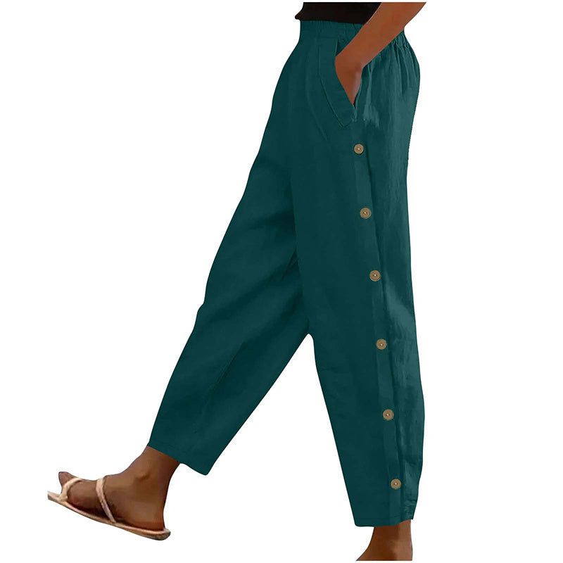 Women's Casual Pants Elastic Waist Side Button Loose Fit Trousers With Pockets