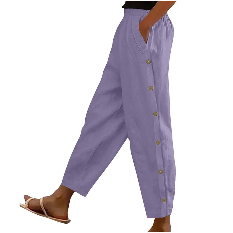 Women's Casual Pants Elastic Waist Side Button Loose Fit Trousers With Pockets