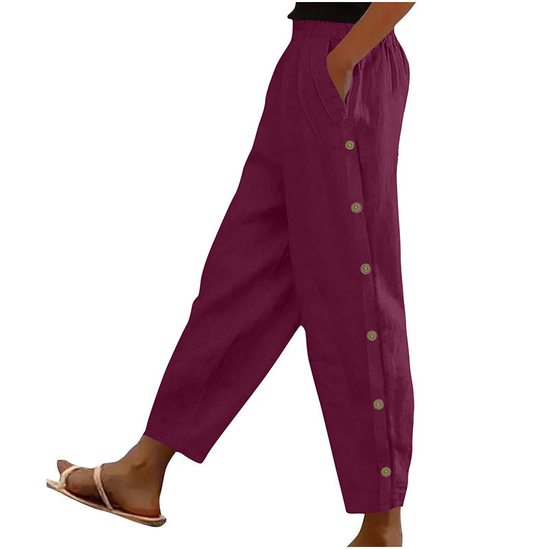 Women's Casual Pants Elastic Waist Side Button Loose Fit Trousers With Pockets
