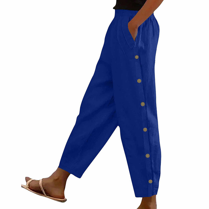 Women's Casual Pants Elastic Waist Side Button Loose Fit Trousers With Pockets