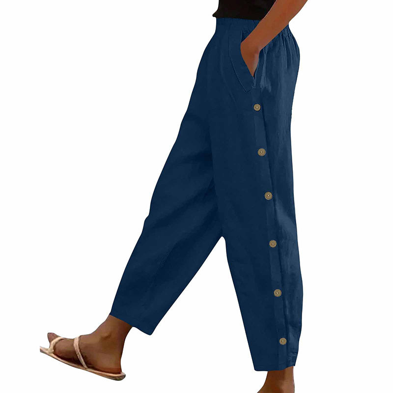 Women's Casual Pants Elastic Waist Side Button Loose Fit Trousers With Pockets