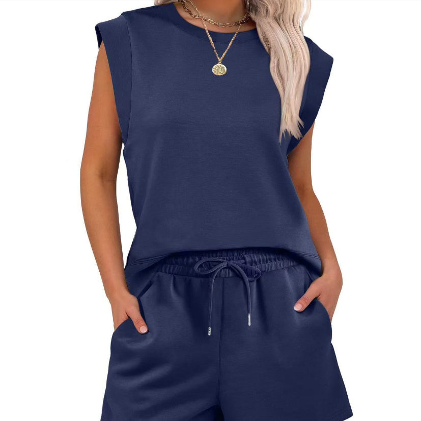 Round Neck Cover Sleeve Top With Pockets Shorts Suit