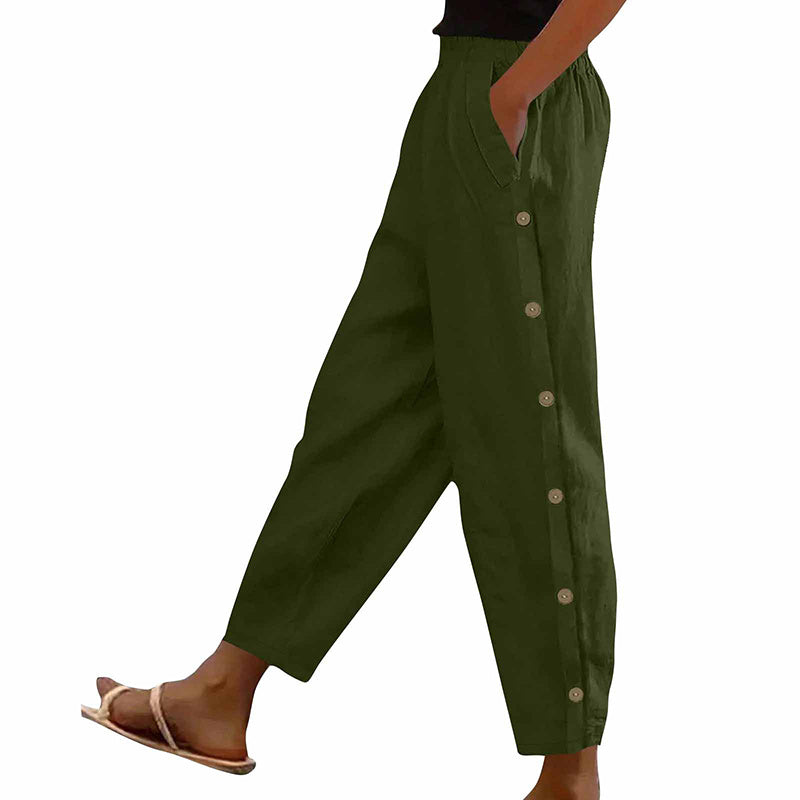 Women's Casual Pants Elastic Waist Side Button Loose Fit Trousers With Pockets