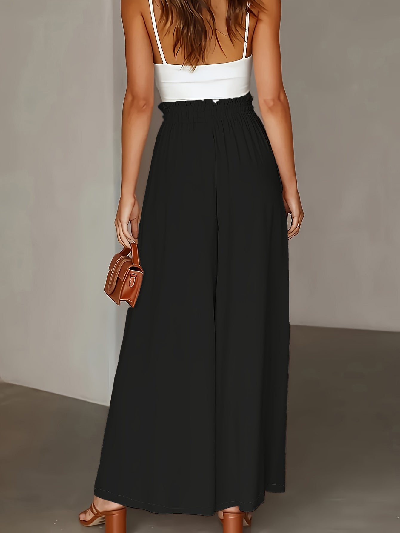 Plus Size Wide Leg Pants - Stylish Solid Paper Bag Waist Design, Elegant Pocket Tie Front, Loose Fit For Comfort, Perfect For Spring & Summer, Women's Fashionable Clothing For Curvy Figures