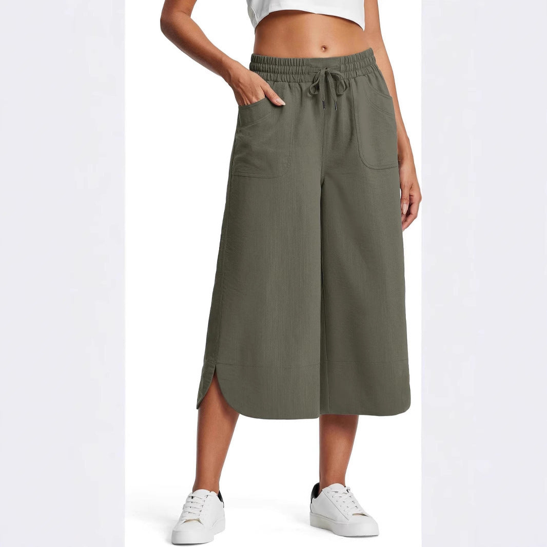 Summer Elastic Waist Solid Color Wide Leg Loose Casual Cropped Pants For Women