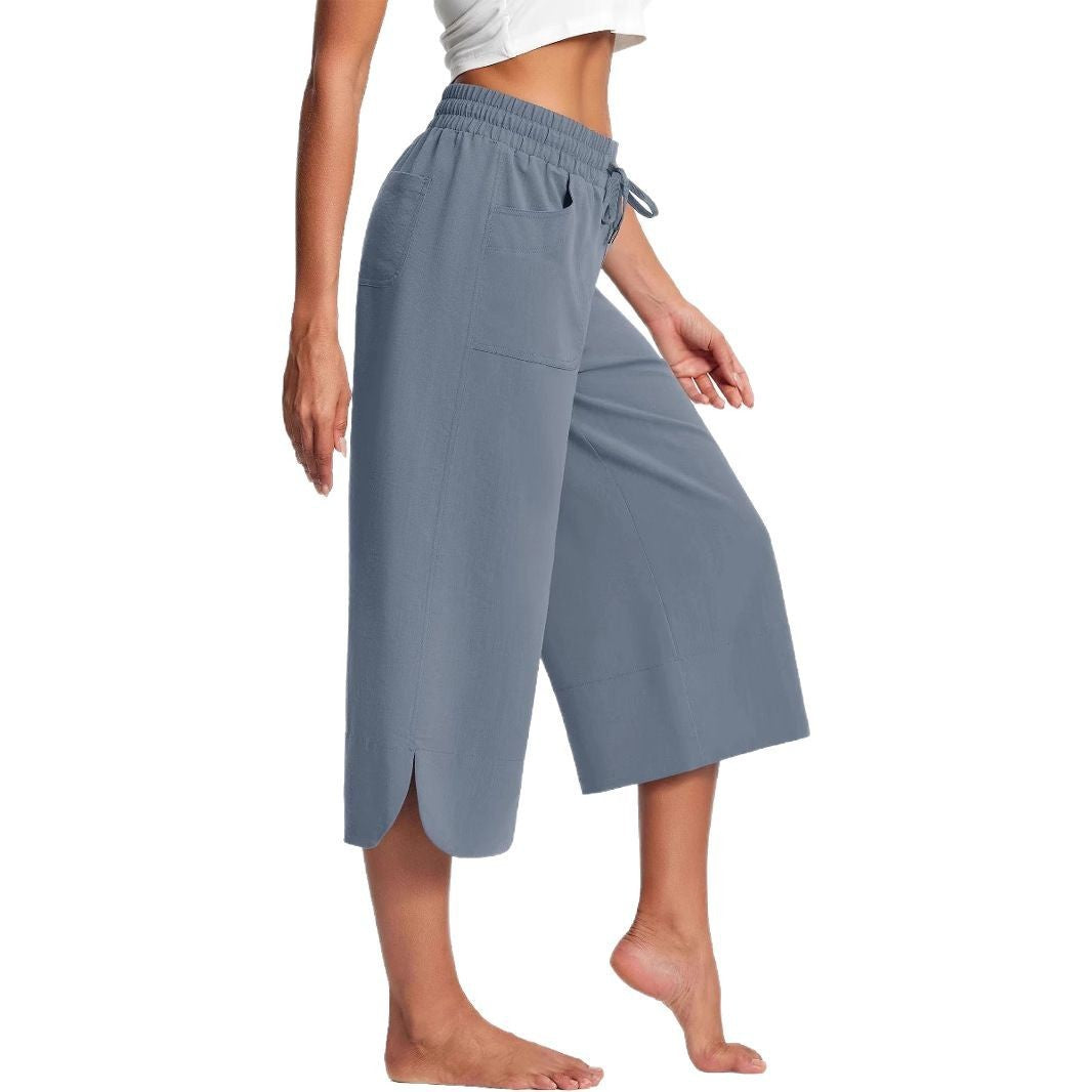 Summer Elastic Waist Solid Color Wide Leg Loose Casual Cropped Pants For Women