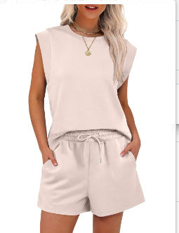 Round Neck Cover Sleeve Top With Pockets Shorts Suit