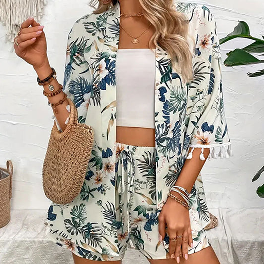 Shirt Beach Pants  Printed Tassel Two-piece Set