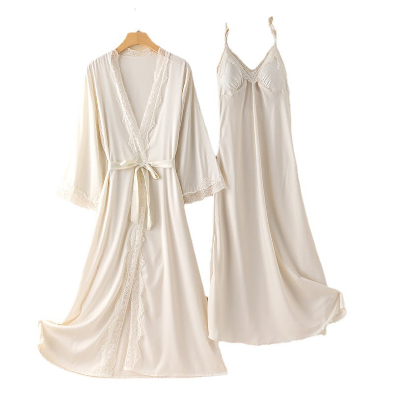Ice Silk Thin Nightgown Two-piece Set With Chest Pad