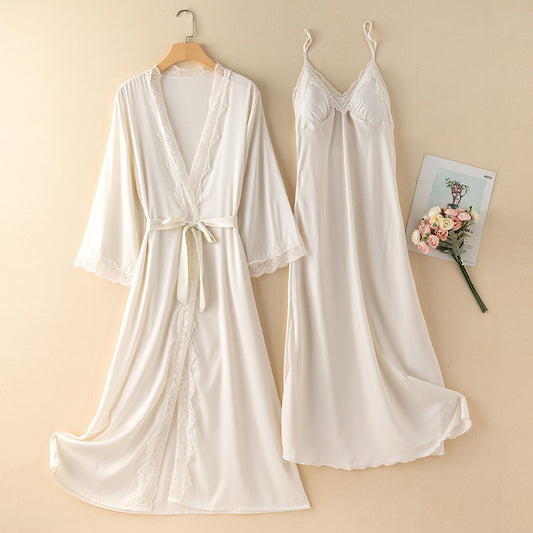 Ice Silk Thin Nightgown Two-piece Set With Chest Pad