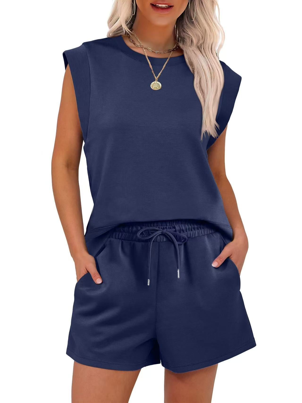 Round Neck Cover Sleeve Top With Pockets Shorts Suit