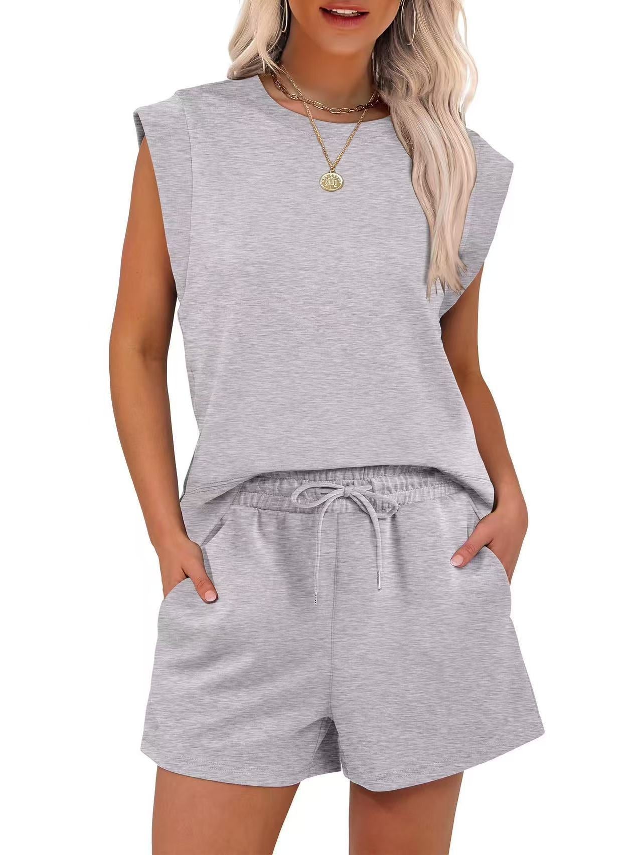 Round Neck Cover Sleeve Top With Pockets Shorts Suit