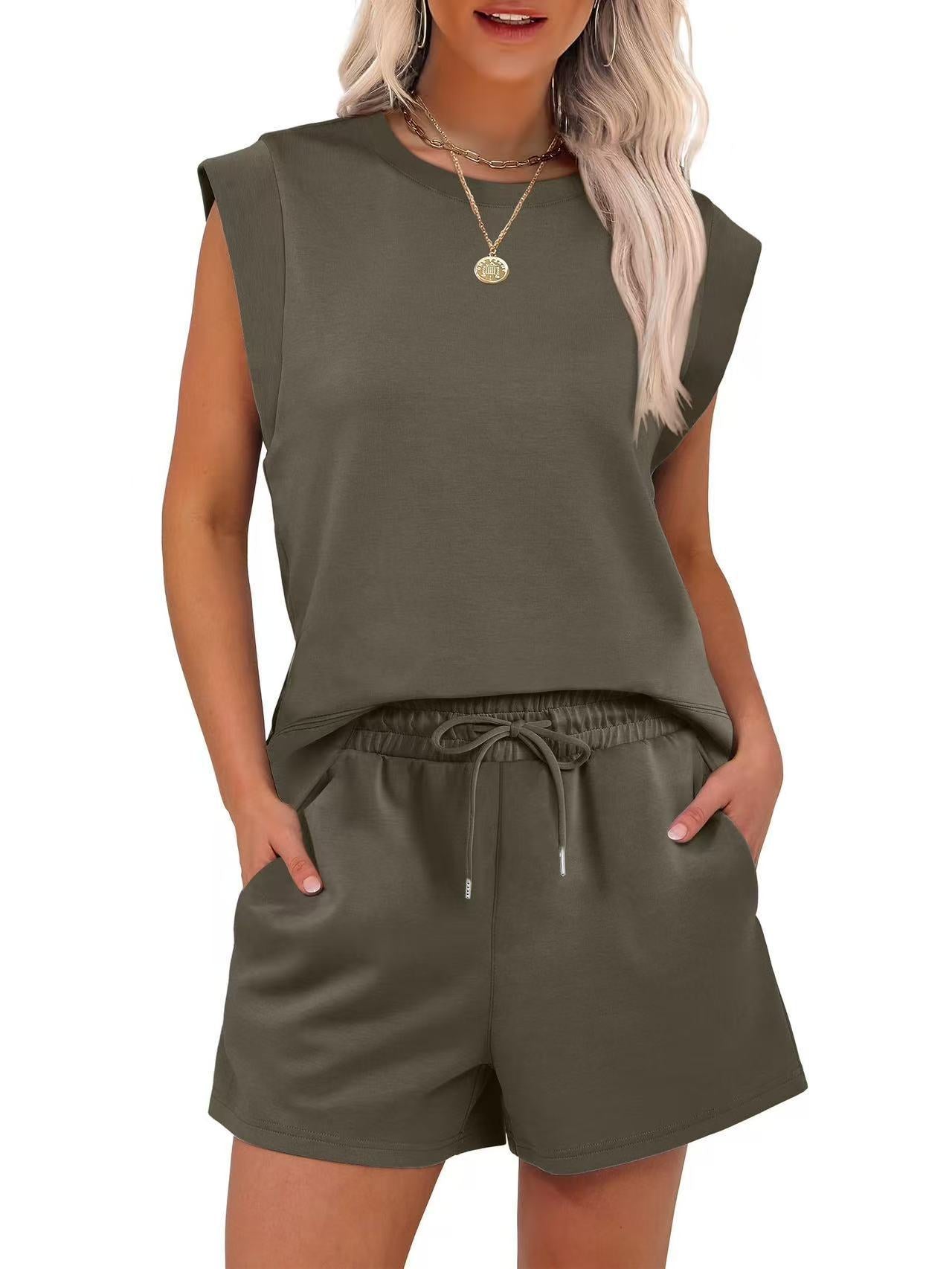 Round Neck Cover Sleeve Top With Pockets Shorts Suit