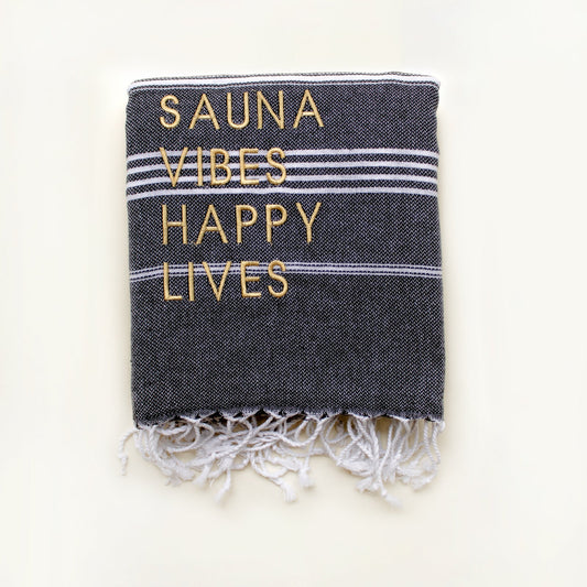 "SAUNA VIBES HAPPY LIVES" Embroidered Natural Cotton towel