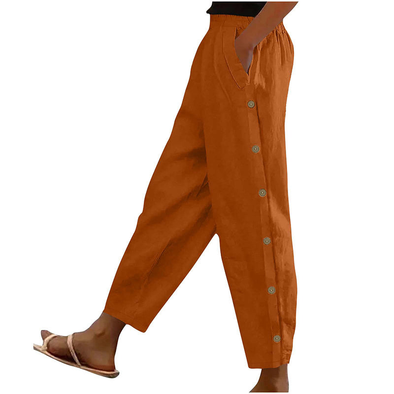 Women's Casual Pants Elastic Waist Side Button Loose Fit Trousers With Pockets