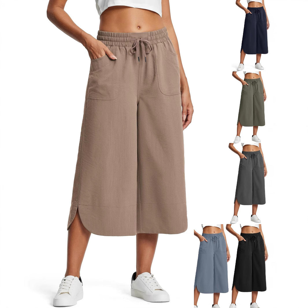 Summer Elastic Waist Solid Color Wide Leg Loose Casual Cropped Pants For Women